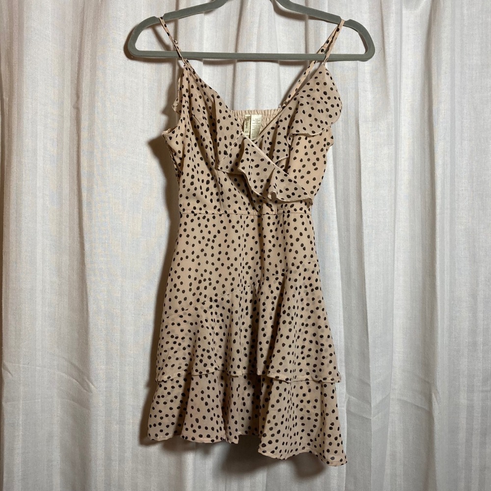 Coquette Romantic Flirty Polka Dot Ruffle Romper Tan Black Smocked Back XS Japna